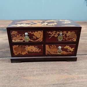 VTG MCM Asian Cherry Wood Carved Birds Abalone Shell Jewelry Box